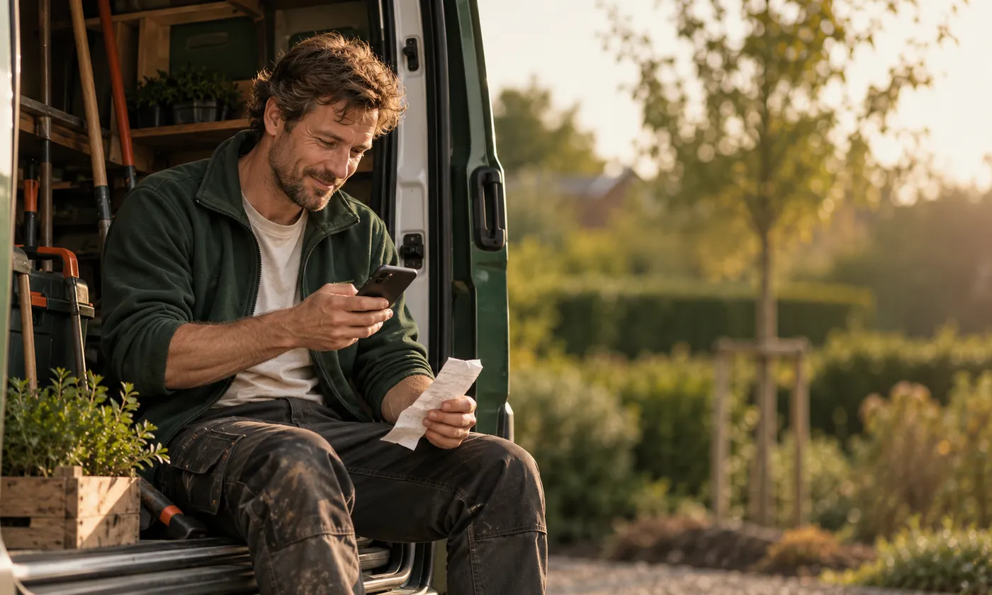 Een hovenier zit in de open laadruimte van zijn bus met een bonnetje in de ene hand en zijn telefoon in de andere